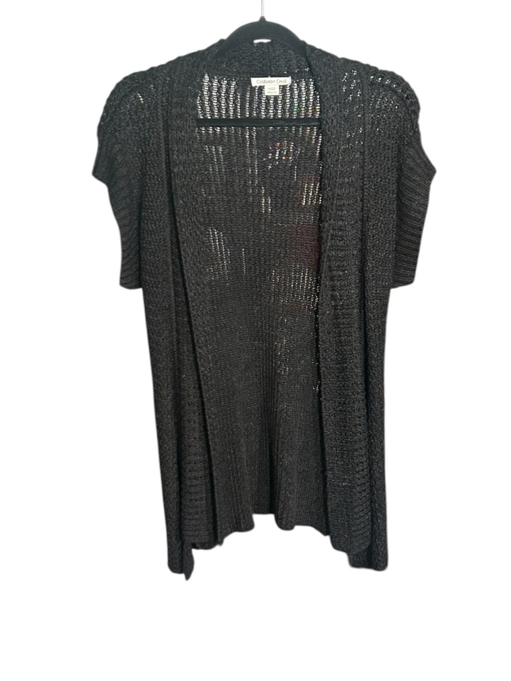 Coldwater Creek Black Open-Weave Linen Blend Short Sleeve Cardigan
